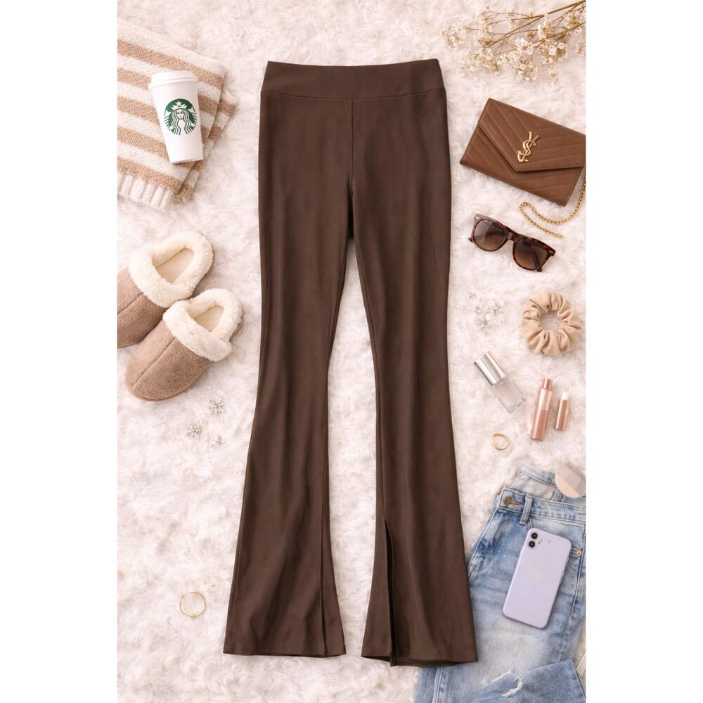 NWT Old Navy Women's PowerSoft Rib-Knit Split Flare Leggings Espresso Brown XL